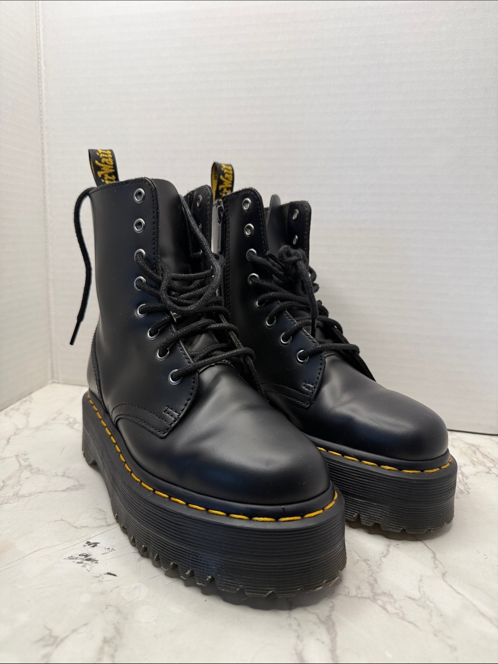 Dr. Martens Black Platform Lace-Up Boots with Yellow Stitching